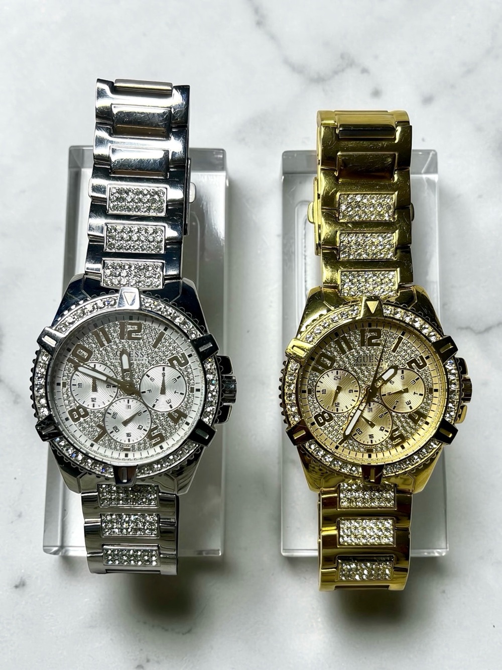 Guess Unisex Crystal-Embellished Silver and Gold Tone Watches (Pair)